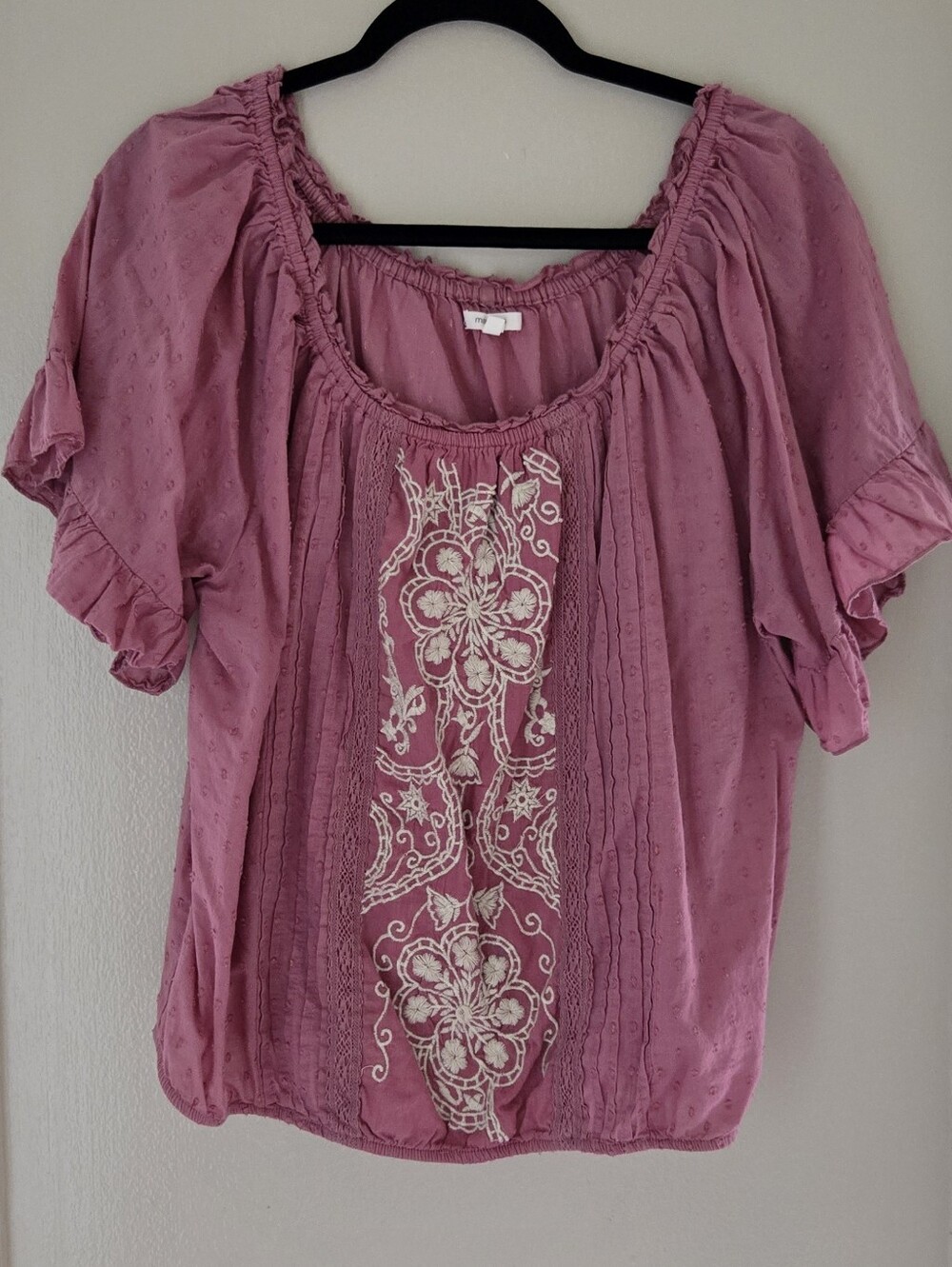 Maurices Rose Pink Embroidered Peasant Blouse